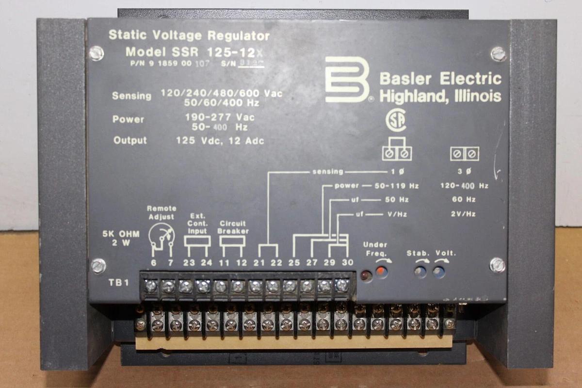Used BASLER STATIC VOLTAGE REGULATOR SSR 125-12X 9-1859-00-107 600 VAC 400 HZ
