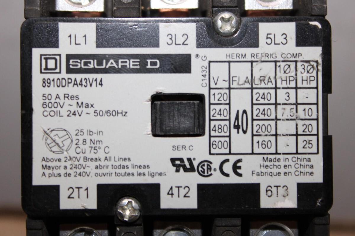 Used SQUARE D CONTACTOR 8910DPA43V14 40 AMP 600 VAC 25 HP COIL: 24V **WARRANTY**