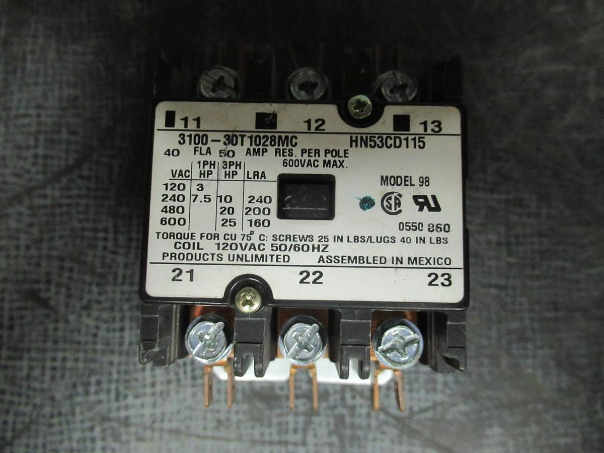 Used PRODUCTS UNLIMITED CONTACTOR 50A/RES 600V 25HP 120V COIL 50/60HZ 3100-30T2028MC