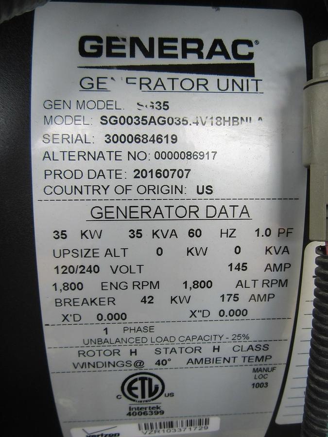 Used 35 KW GENERATOR GENERAC NATURAL GAS LP PROPANE 120/240 VOLT 1 PH 30 KW 40KW 2016