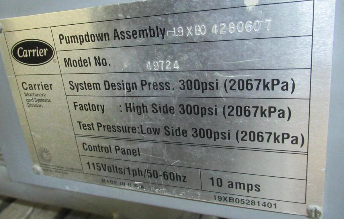 Used CARRIER PURGE UNIT 49724 19XBO-4280607 300 PSI 115V 10 AMP W/ 06DA8080GG0630