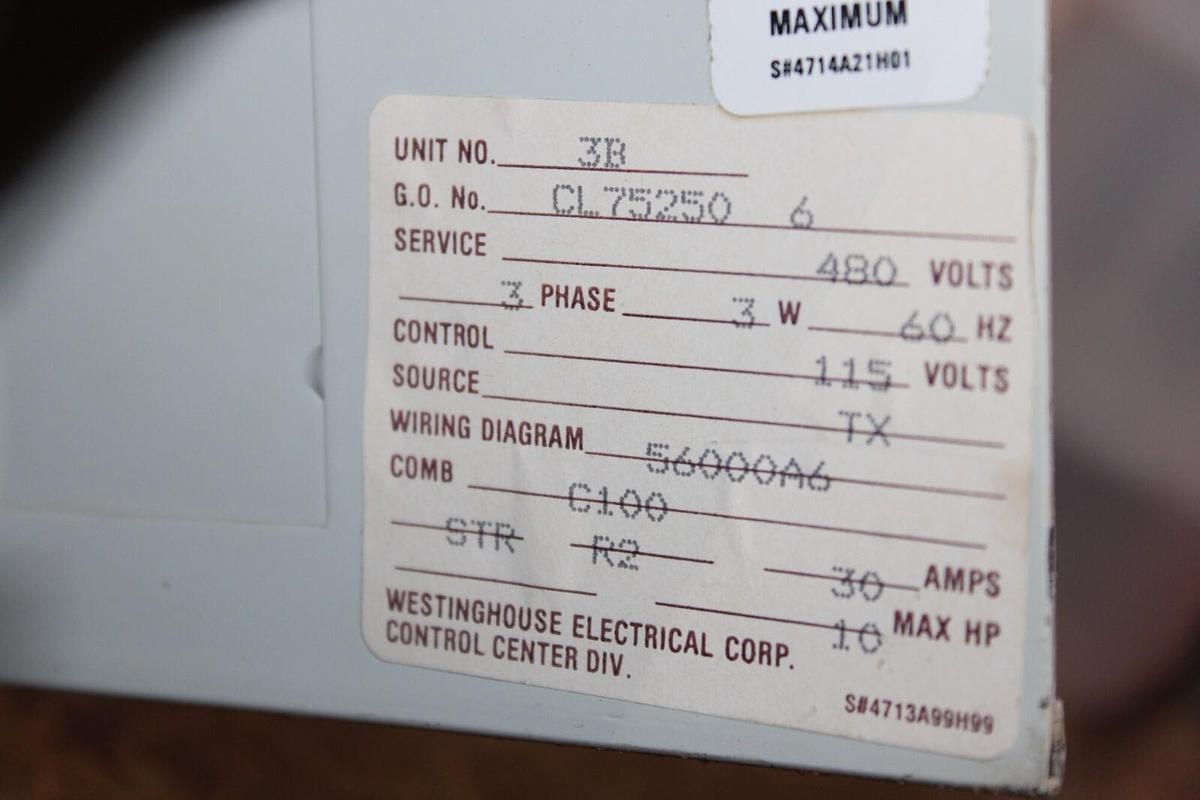 Used WESTINGHOUSE MCC MOTOR CONTROL BUCKET FREEDOM 2100 12" SIZE 1 CL75250