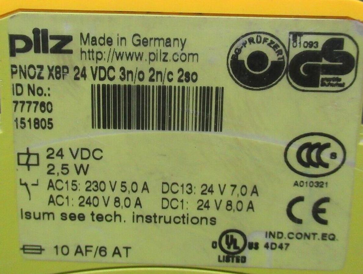 Used PILZ SAFETY RELAY PNOZ-X8P 24 VDC 2.5 WATT 240 VAC 8 AMP **WARRANTY**