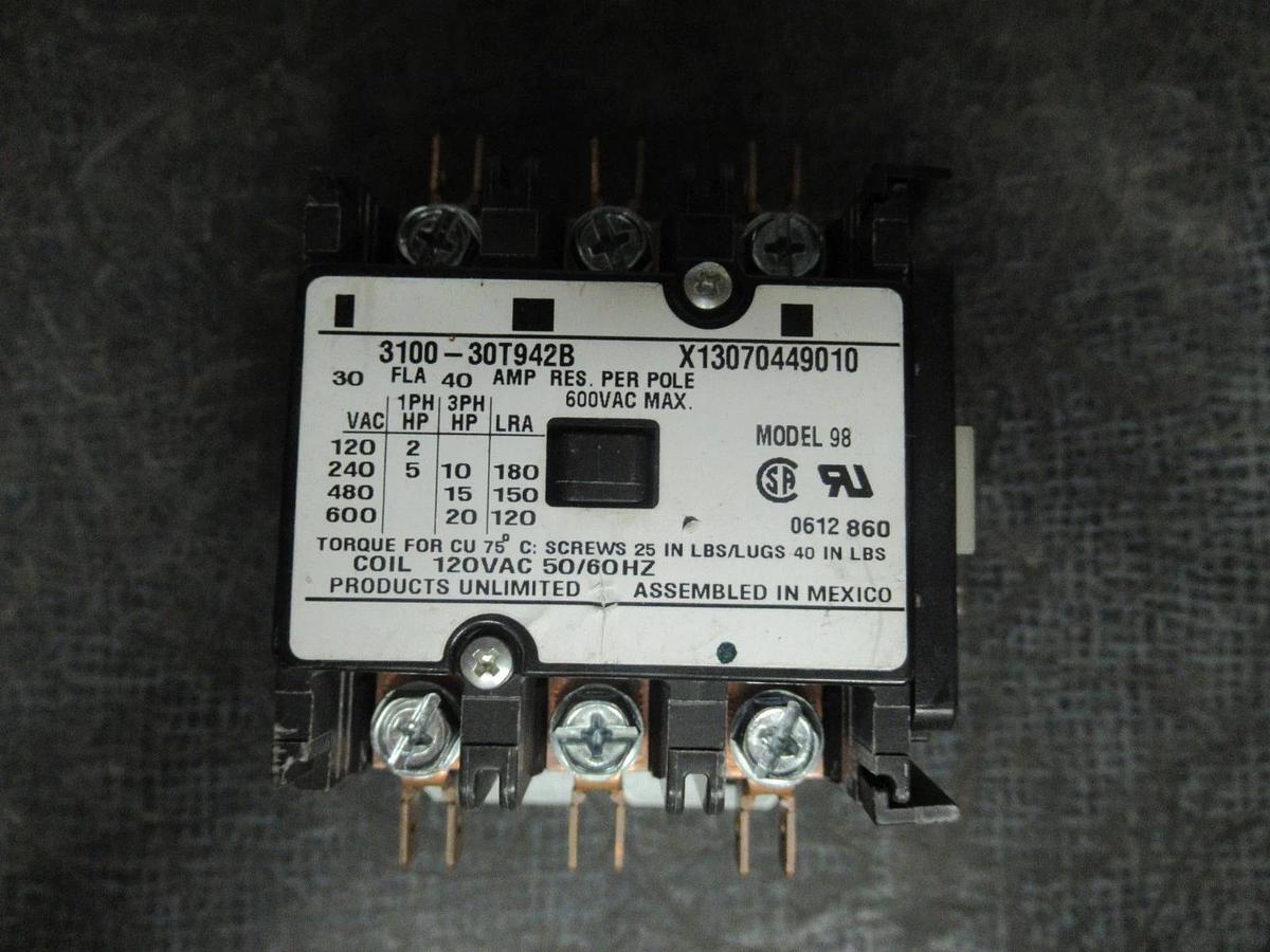 Used PRODUCTS UNLIMITED CONTACTOR 3100-30T942B 30 AMP 600V 40A/RES 20HP X13070449010