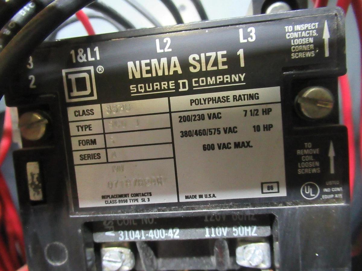 Used SQUARE D MCC MOTOR STARTER CONTROL MODEL: 5 12" W/ 8536SCG3 NEMA SIZE 1 15 AMP