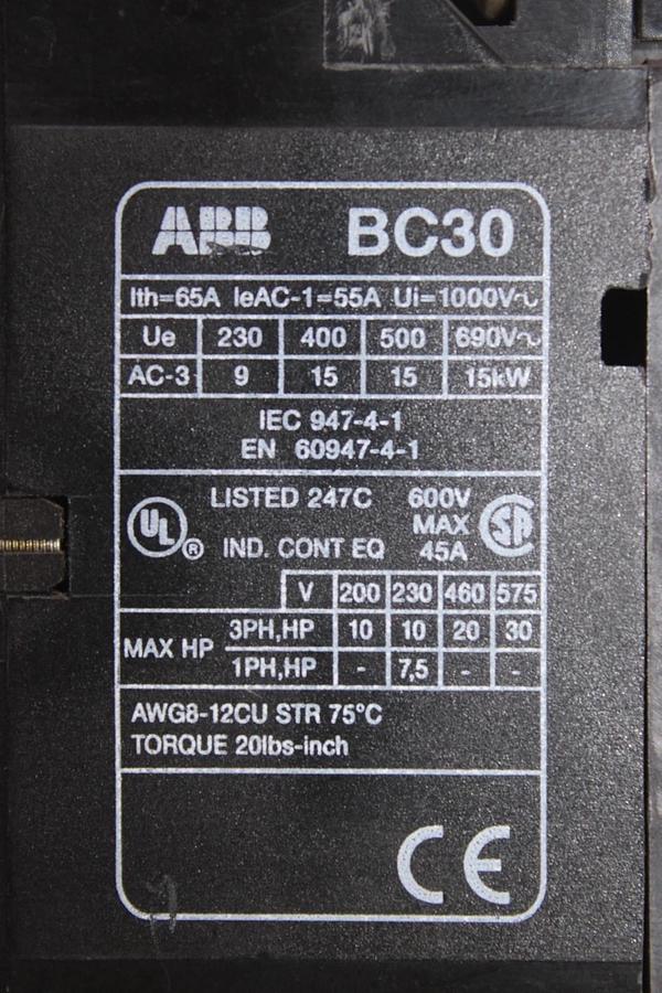 Used ABB CONTACTOR BC30 45 AMP 600 VAC 3-POLE 30 HP COIL: 24 VDC