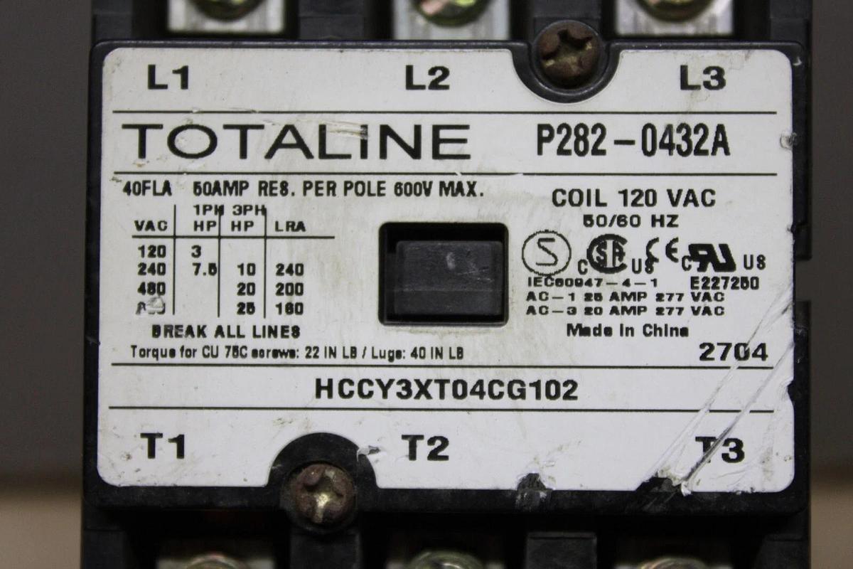 Used TOTALINE CONTACTOR P282-0432A 40 AMP 600 VOLT 25 HP COIL: 120V