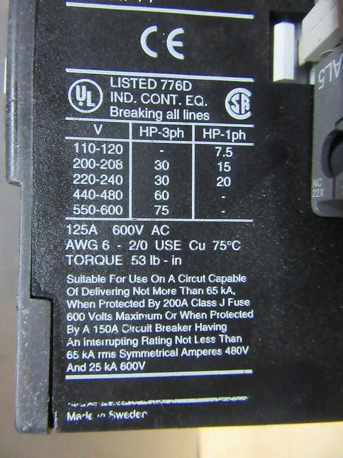 Used ABB CONTACTOR A95 125 AMP 600 VAC 75 HP 3-PHASE 3-POLE COIL: 110/120 VOLT