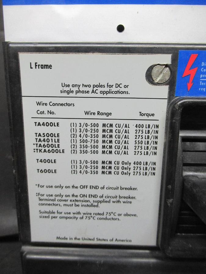 Used 600 AMP EATON CIRCUIT BREAKER LH36F600E 600 VAC 3-POLE 50/60 HZ **WARRANTY**