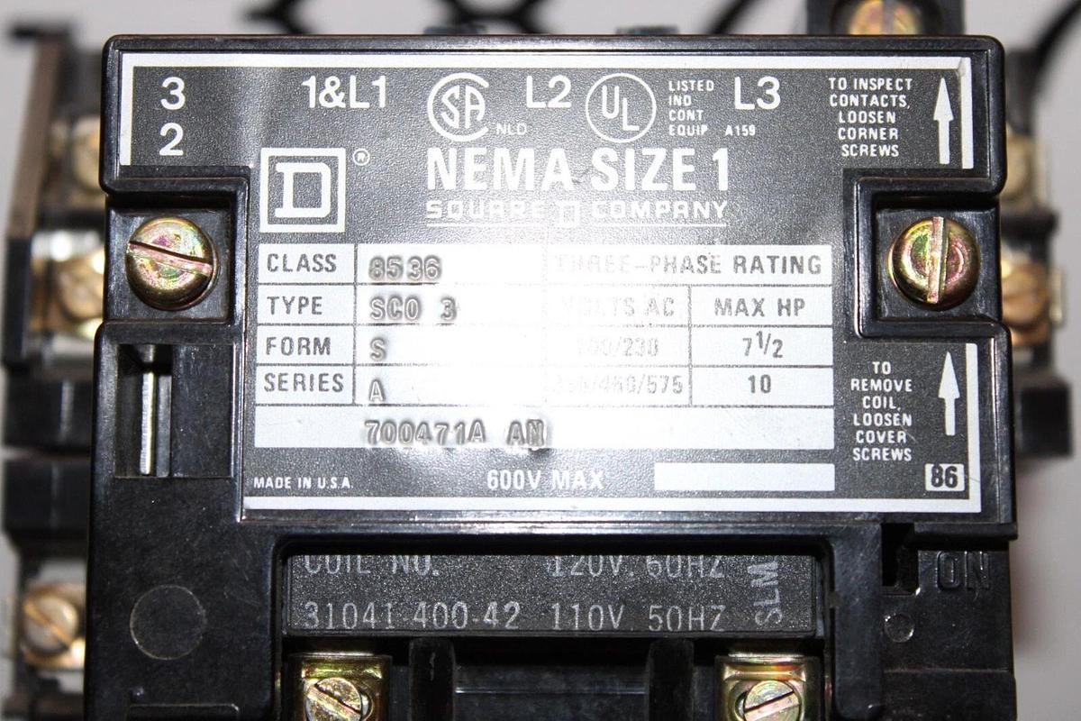 Used SQUARE D NEMA STARTER 8536-SCO3 NEMA 1 600 VAC 3-PHASE 10 HP **WARRANTY**
