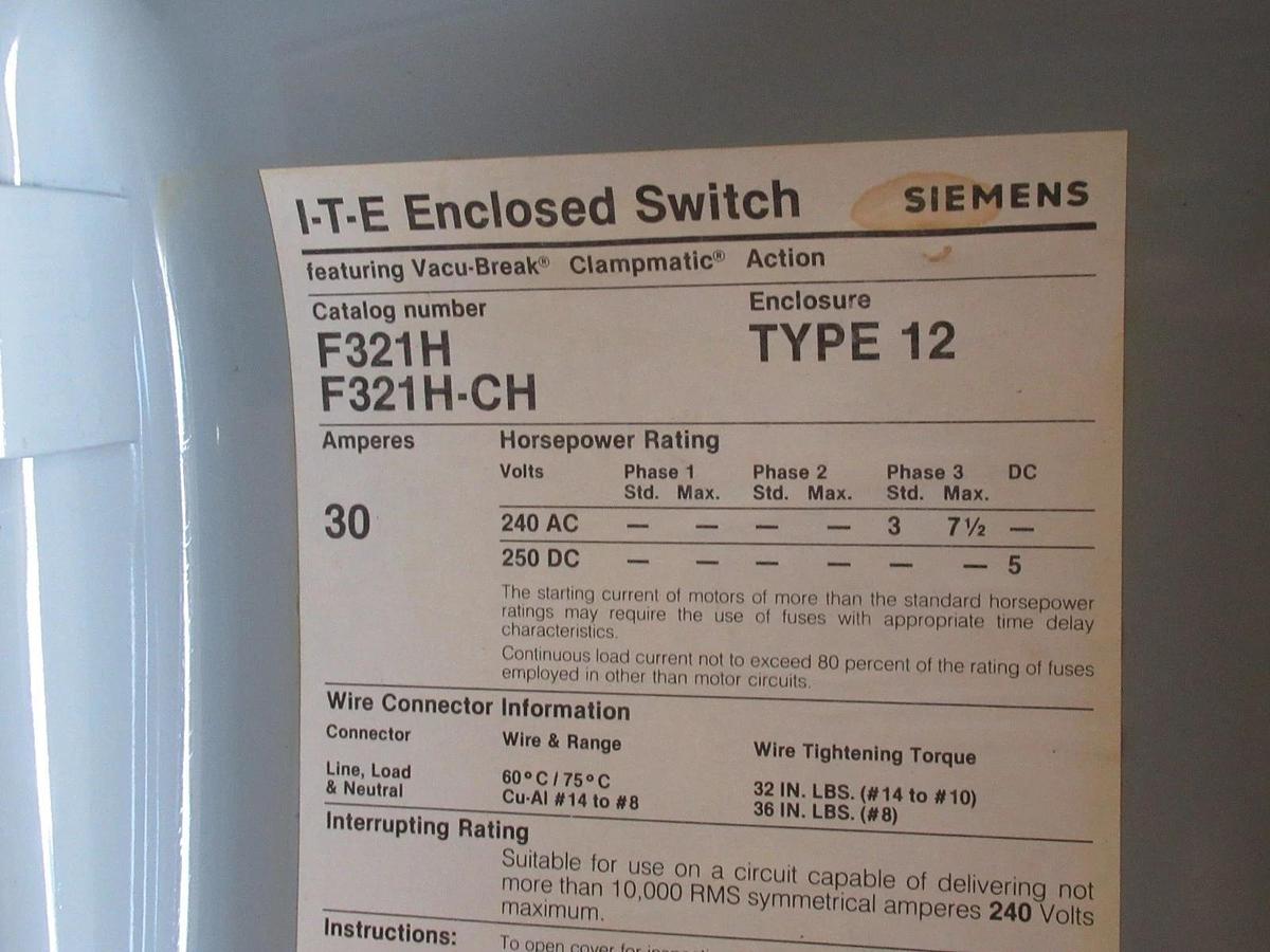 Used ITE DISCONNECT SAFETY SWITCH F321H 240VAC 7.5HP 30A TYPE 12 **WARRANTY**