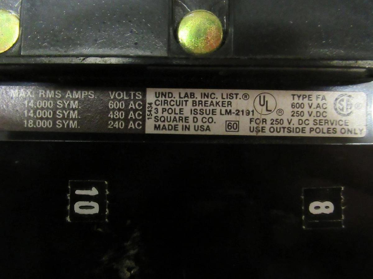 Used SQUARE D I LINE BREAKER FA36020 20A 600VAC 250VDC 3 POLE W/ LUGS **WARRANTY**