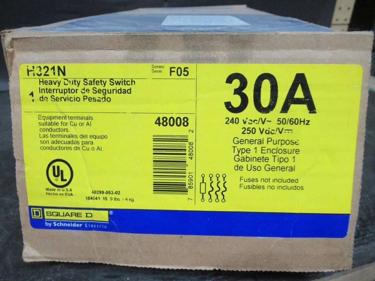 NEW IN BOX SQUARE D SAFETY SWITCH H321N 30 AMP 240 VAC 7.5 HP 3-PHASE 3-POLE