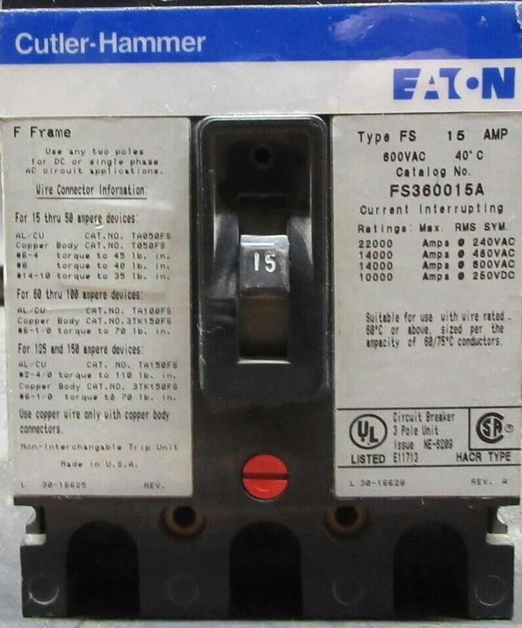 Used CUTLER HAMMER CIRCUIT BREAKER FS360015A 15 AMP 600 VAC 3-POLE **WARRANTY**