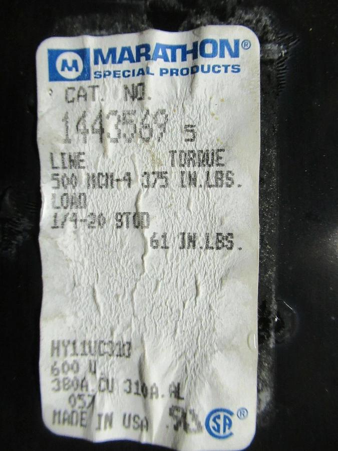 Used MARATHON 1443569 DISTRIBUTION LUG SET 380 AMP 500 MCM - 1/4-20 STUD 600 V 3 PH