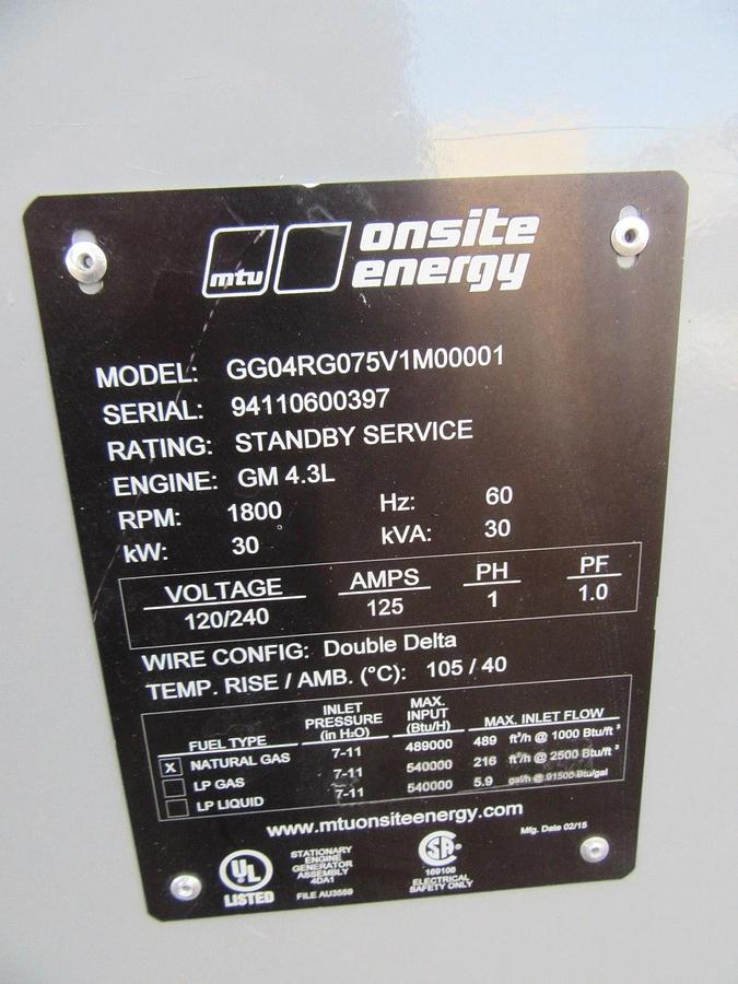 Used 30 KW GENERATOR MTU 4.3 NATURAL GAS LP PROPANE 120/240 VOLT 1PH 89 HRS 40KW 2015