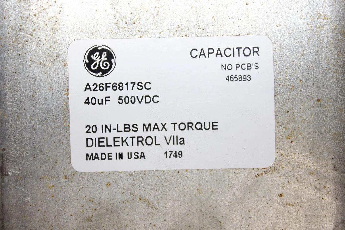 Used GENERAL ELECTRIC DIELEKTROL VIIA CAPACITOR A26F6817SC 40 uF 500 VDC NO-PCB'S