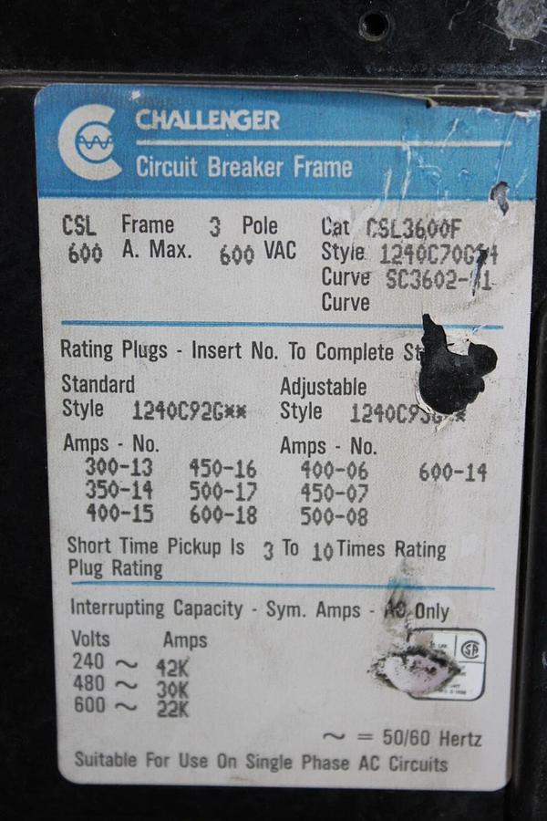Used CHALLENGER CIRCUIT BREAKER CSL3600F 600 AMP 600 VAC 3-POLE **WARRANTY**