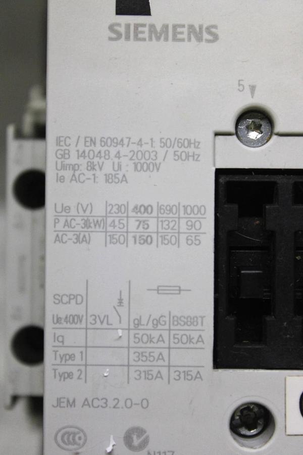 Used SIEMENS CONTACTOR 3RT1055-6...6 600 VAC 195 AMP 150 HP 3-POLE 3-PHASE COIL: 120V