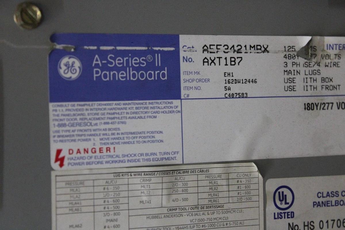 Used GENERAL ELECTRIC SERVICE PANELBOARD AB43B 125 AMP 480Y/277V 3-PHASE NEMA 1