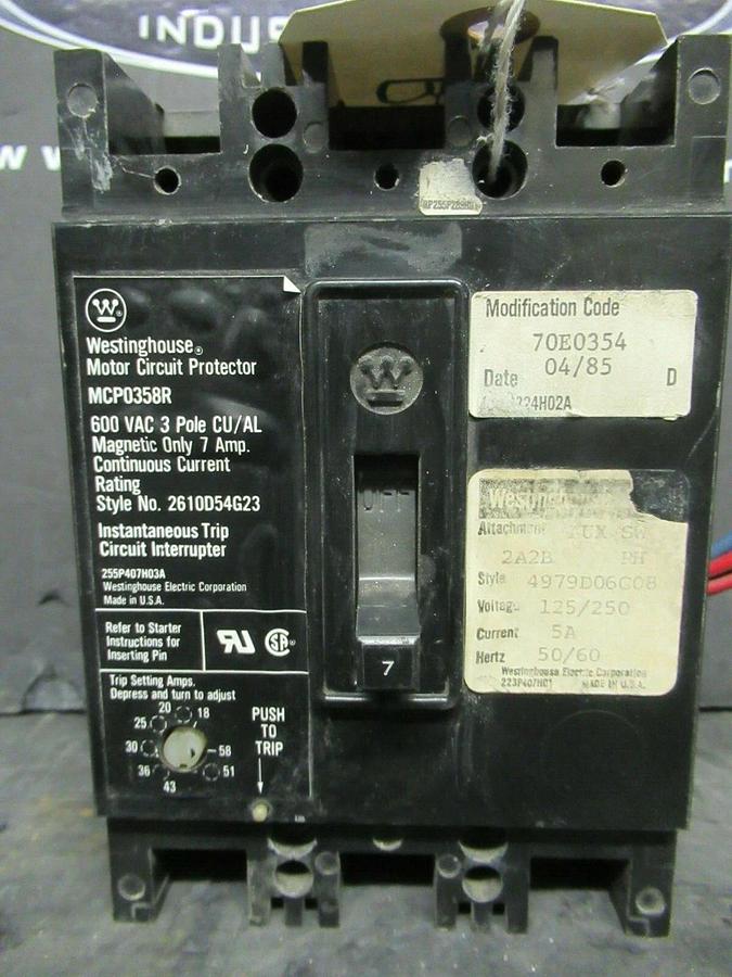 Used 7 AMP WESTINGHOUSE BREAKER MCP0358RC 600 VAC 3-POLE **WARRANTY INCLUDED!**