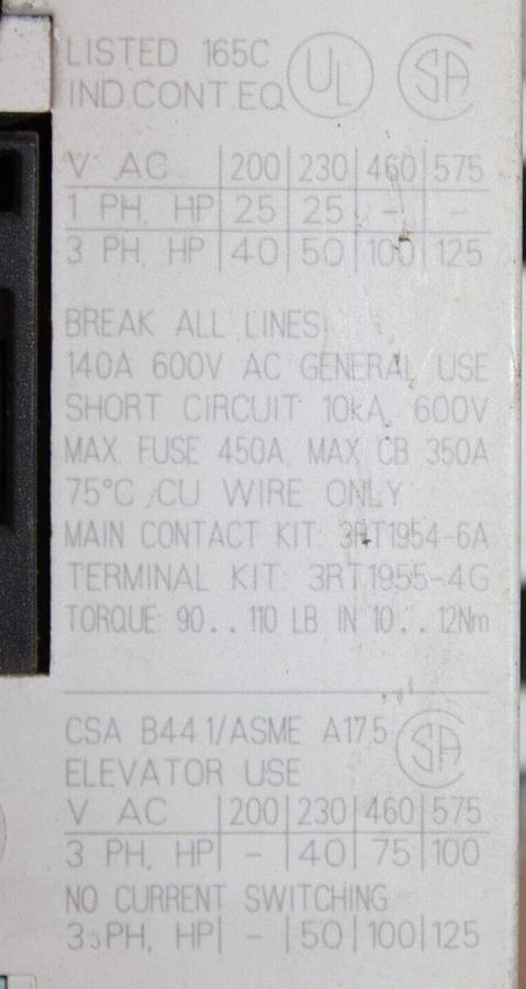 Used SIEMENS SIRIUS CONTACTOR 3RT1054-6 600 VAC 140 AMP 3-PHASE 125 HP COIL: 120V