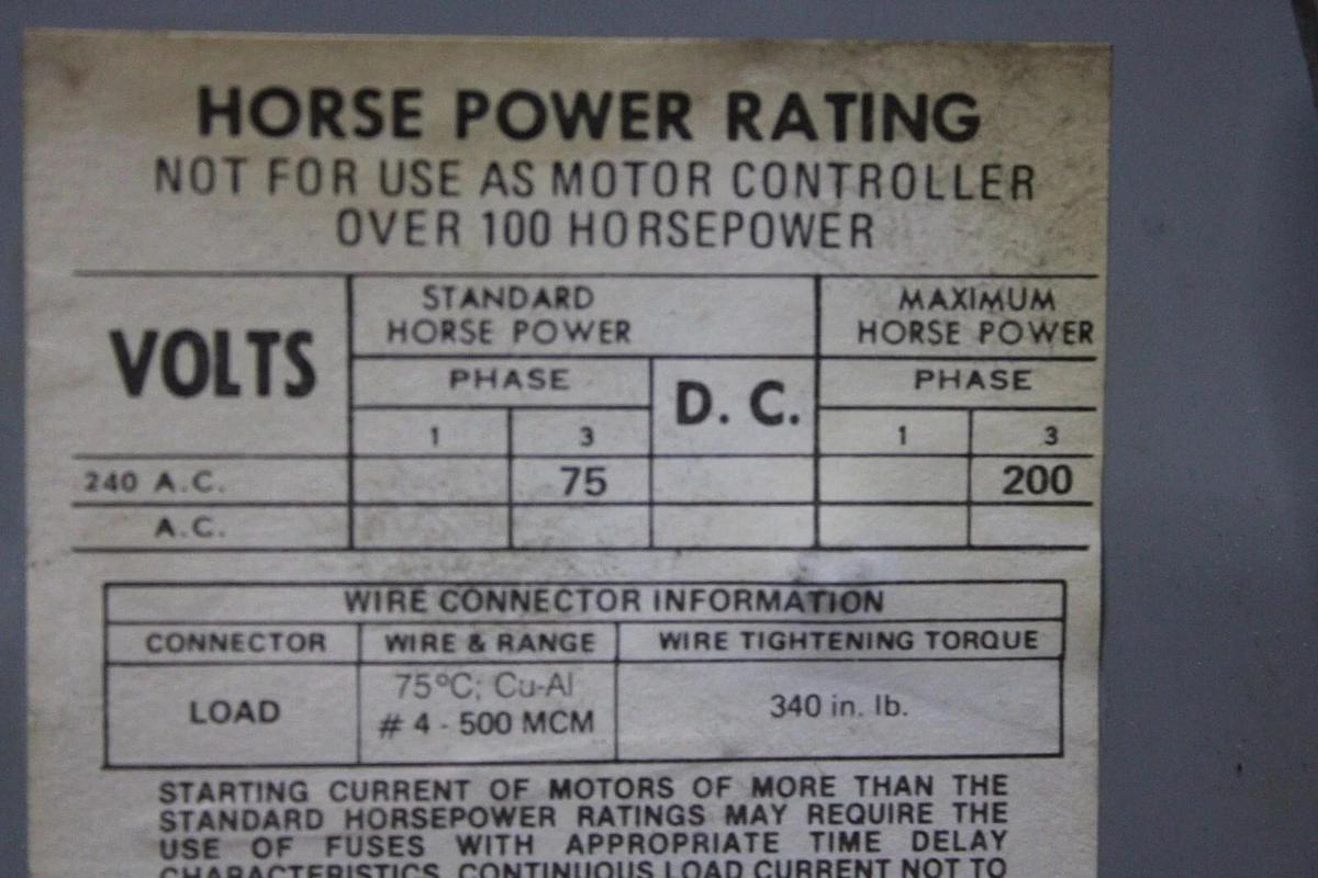 Used ITE VACU-BREAK DISCONNECT SWITCH V7H3206 600 AMP 240 VAC 3-POLE 3-PHASE 200 HP