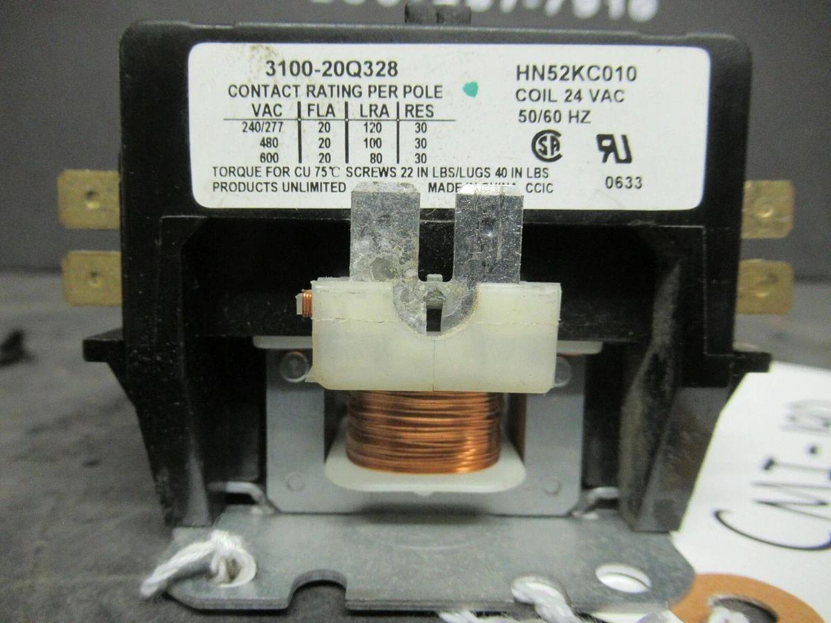 Used PRODUCTS UNLIMITED CONTACTOR 3100-20Q328 20 AMP 600 VAC COIL: 24 VAC 30 AMP/RES