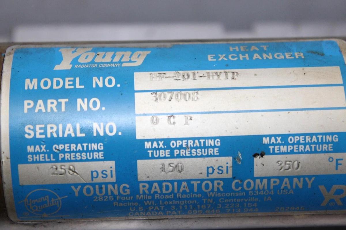 Used YOUNG HEAT EXCHANGER HF-201-HYIP 307008 250 PSI SHELL 150 PSI TUBE 350°F