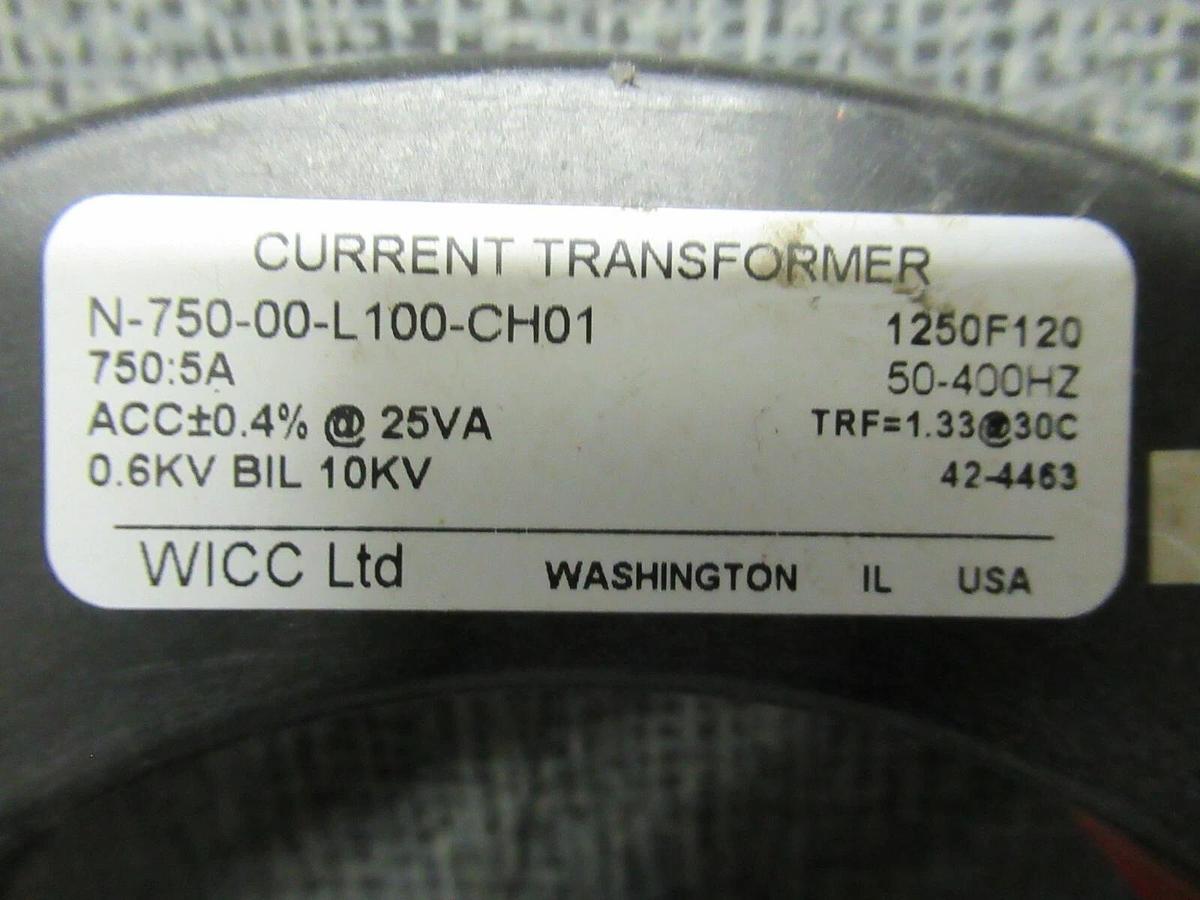 Used WICC CURRENT TRANSFORMER CURRENT TRANSFORMER N-750-00-L100-CH01 RATIO: 750:5