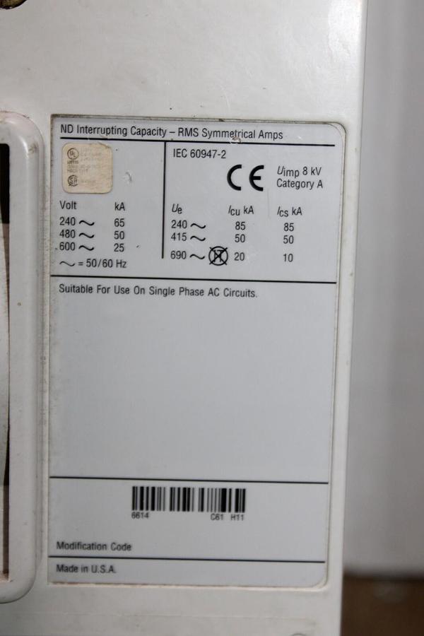 Used CUTLER HAMMER CIRCUIT BREAKER ND312T33W 1200 AMP FRAME 900 AMP TRIP 600 VAC