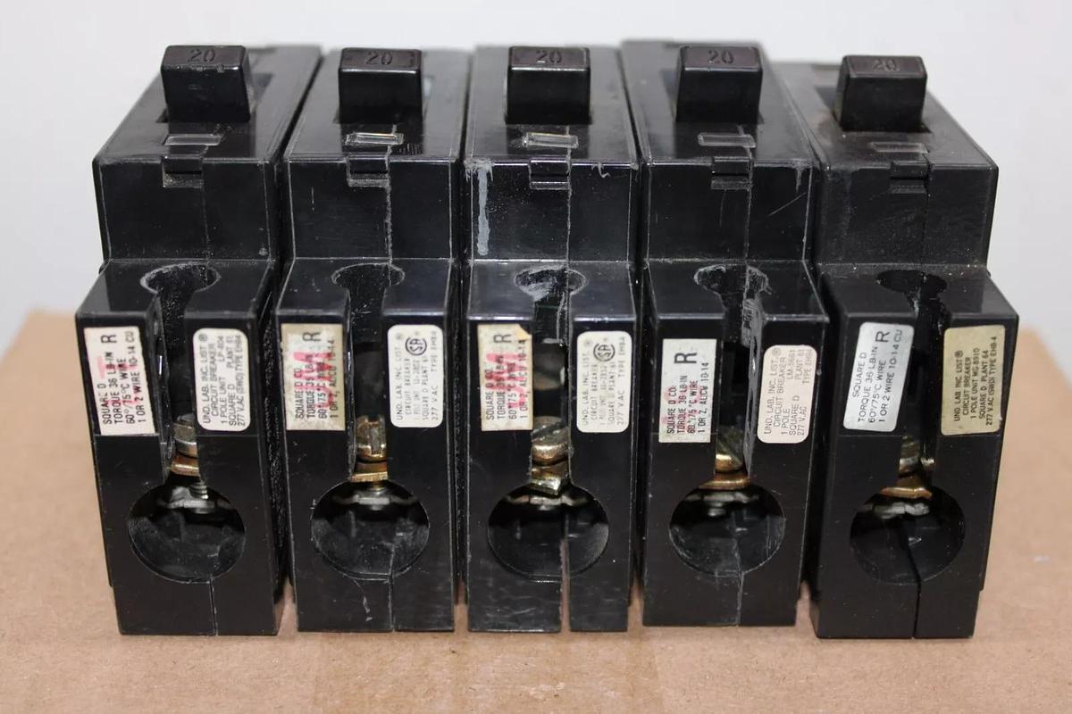 Used LOT OF 5 SQUARE D CIRCUIT BREAKER EHB14020 20 AMP 1-POLE 480/277 VAC