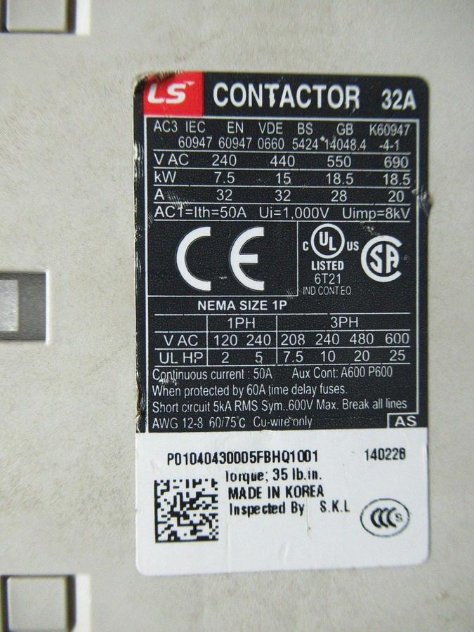Used LS CONTACTOR MC-32A 600V 50A 25HP 3-POLE 3-PHASE COIL: 120V