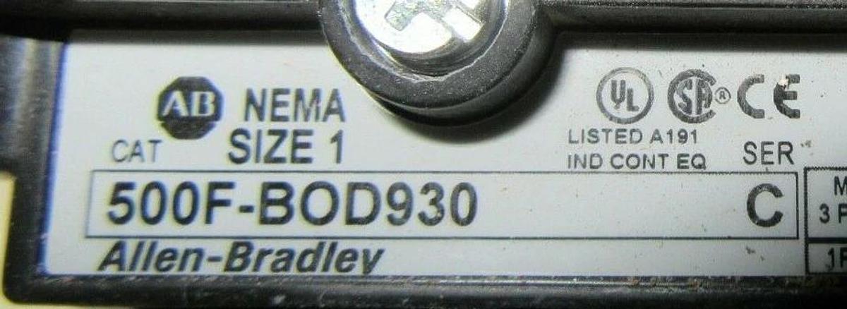 Used ALLEN BRADLEY CONTACTOR 500F-BOD930 SER. C NEMA: 1 10 HP 600 VAC COIL: 120 VAC