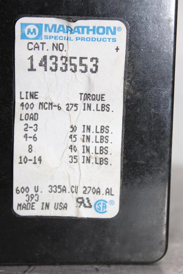 Used MARATHON TERMINAL LUG 1433553 600 VOLT 335 AMP 3-POLE **WARRANTY INCLUDED**