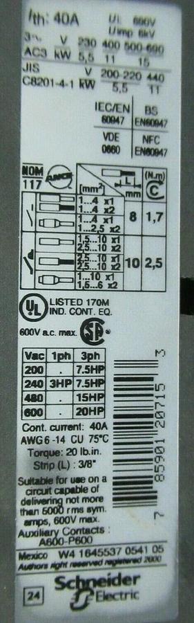 Used SCHNEIDER CONTACTOR LC1D25 40 AMP 600 VAC 20 HP COIL: 120 VAC **WARRANTY**