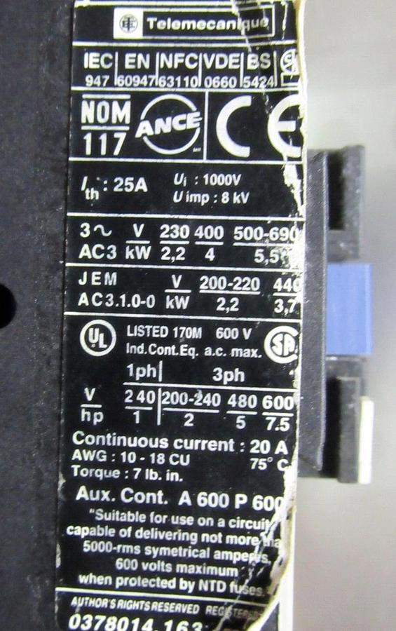 Used LOT OF 2 TELEMECANIQUE CONTACTOR LC1-D0901 600 VOLT 25 AMP 7.5 HP