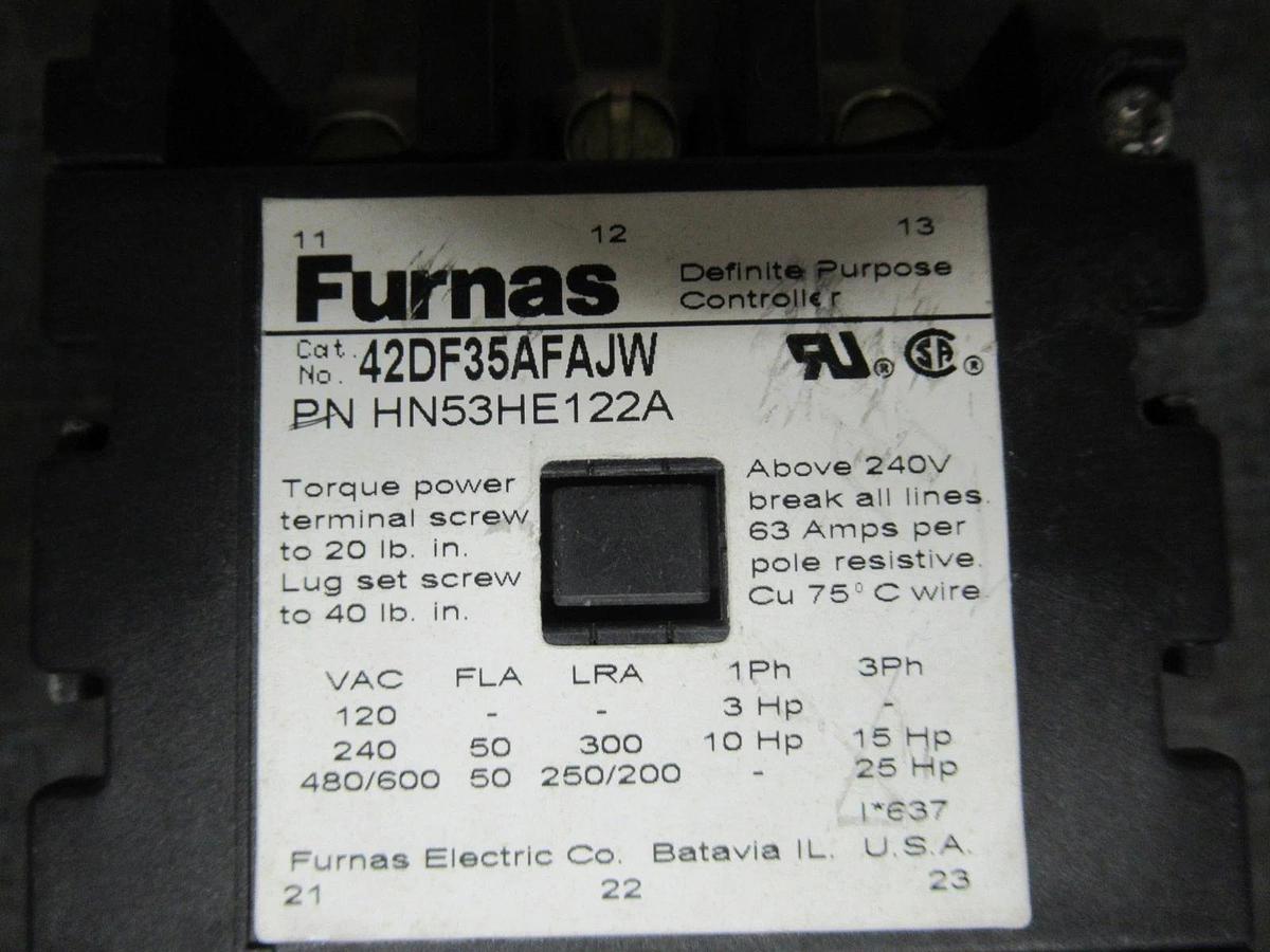 Used FURNAS DEFINITE PURPOSE CONTACTOR 42DF35AFAJW 50 AMP 600V 25HP COIL: 120V