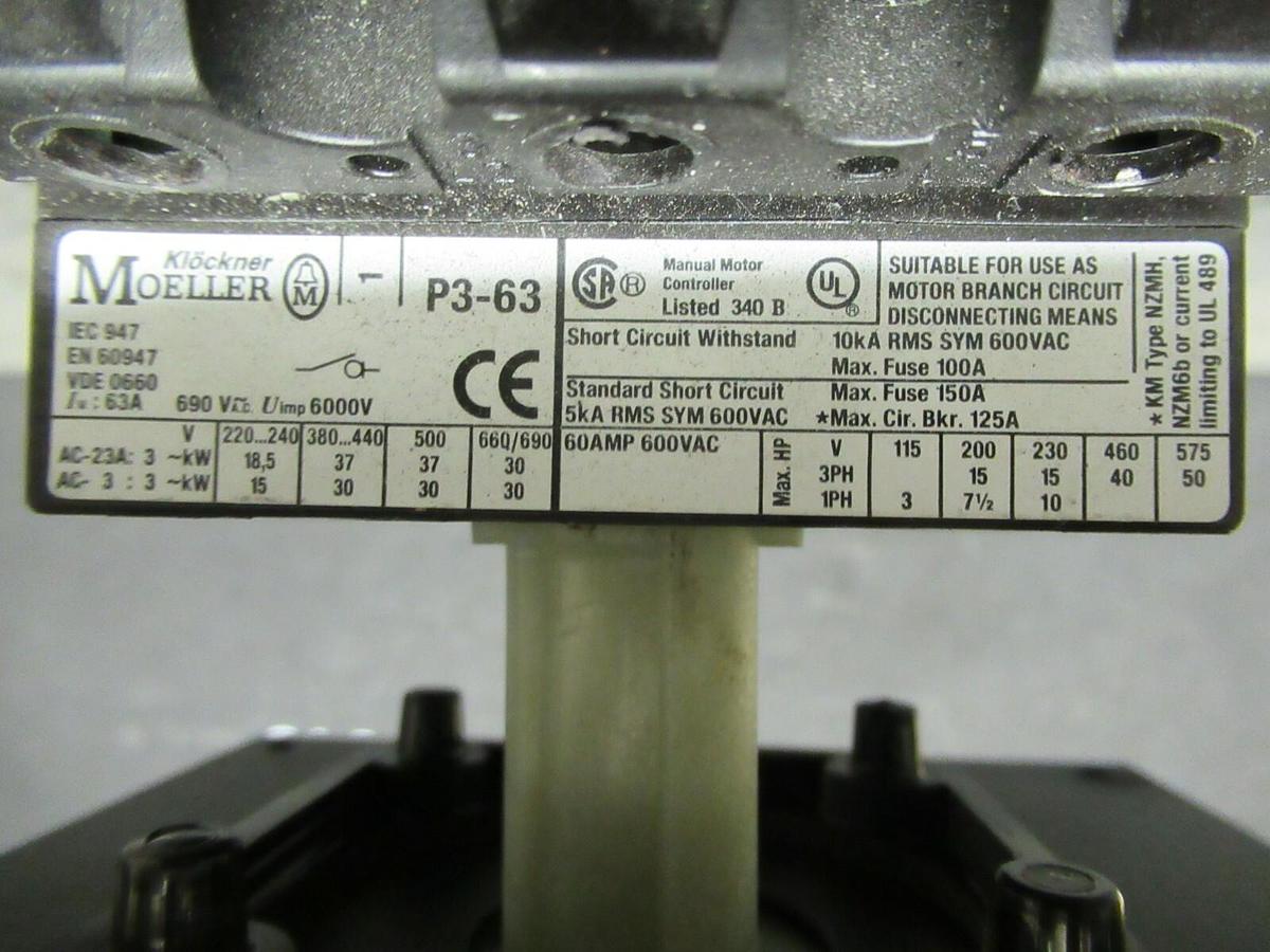 Used KLOCKNER MOELLER 60 AMP TWIST PANEL DISCONNECT SWITCH P3-63 40 HP @ 460 VAC 3 PH