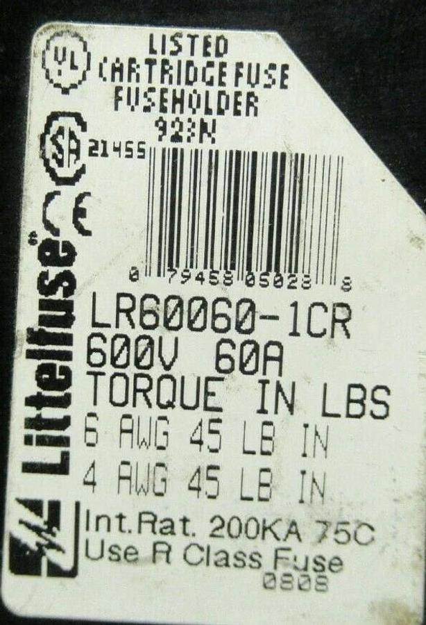Used LITTELFUSE FUSE LUG SET LR60060-1CR 600 VOLTS 60 AMP **WARRANTY INCLUDED!**