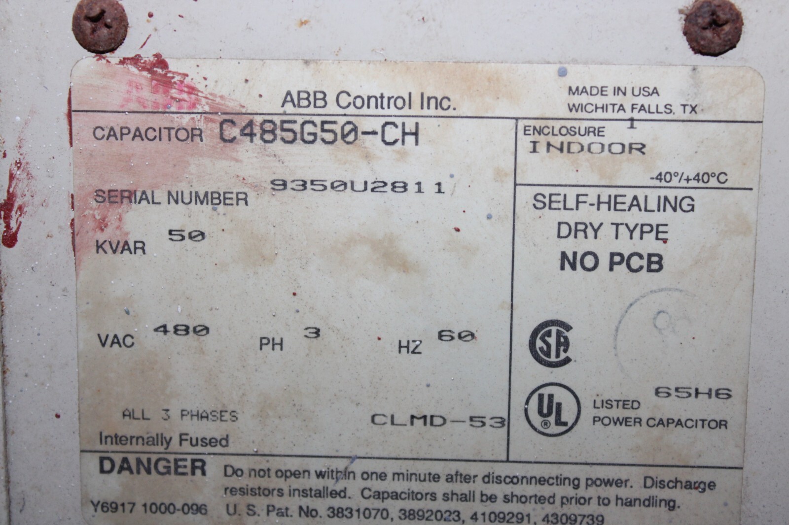 Used ABB LVNQ DRY CAPACITOR 50 KVAR 480 VAC 3-PHASE SELF-HEALING