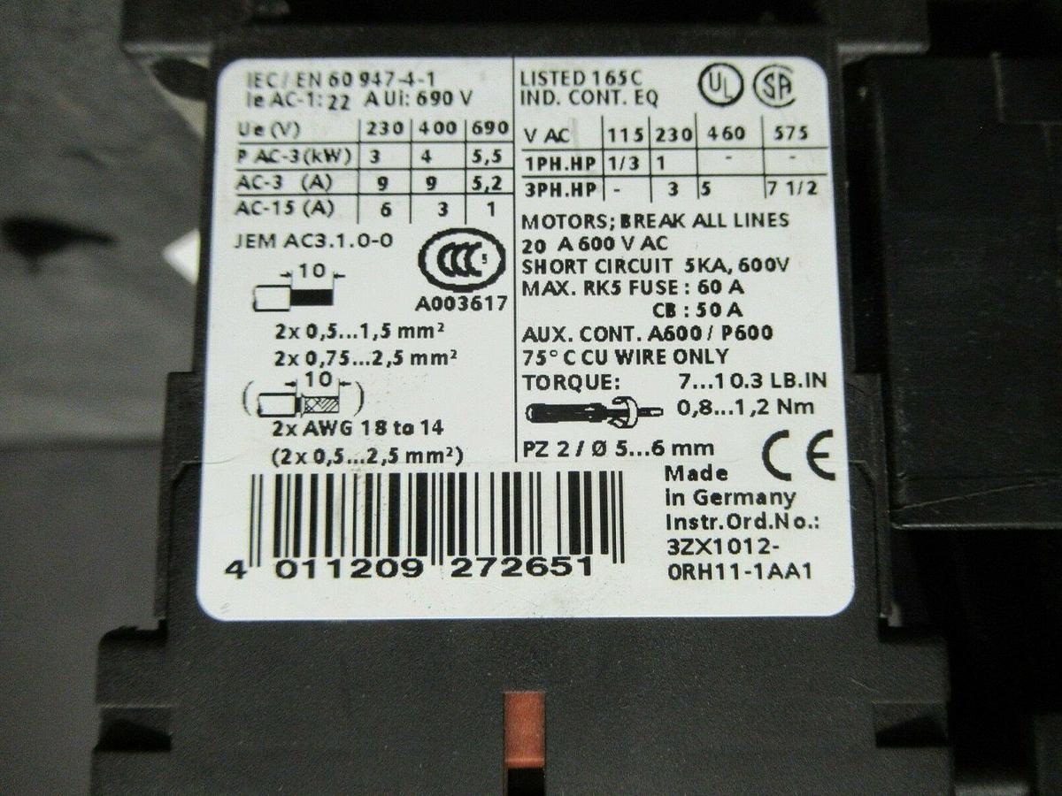 Used SIEMENS MANUAL MOTOR START 3RV1021-1KA10 600 VAC 12 AMP 10 HP