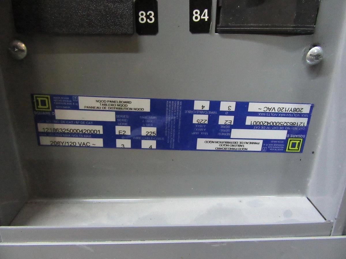 Used 225 AMP SQUARE D NQOD / QOB / QO PANELBOARD MLO PANEL 208Y/120 VAC 3 PH 4 W E2