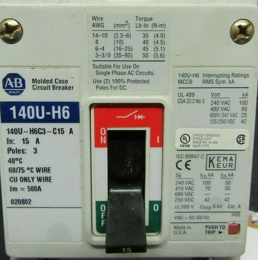 Used 15 AMP ALLEN BRADLEY 140U-H6 BREAKER 140U-H6C3-C15 3 POLE 480 VAC **WARRANTY**