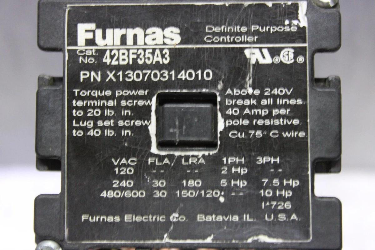 Used FURNAS DEFINITE PURPOSE CONTACTOR 42BF35A3 30 AMP 600 VOLT 10 HP 3-POLE 3-PHASE