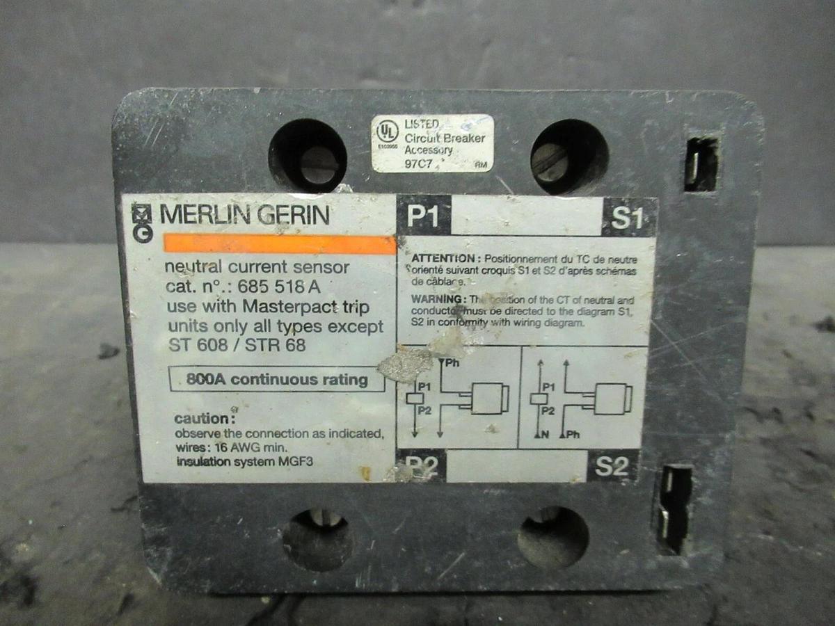 Used MERLIN GERIN NEUTRAL CURRENT SENSOR CT 685-518-A MASTERPACT TRIP 800 AMP 685518A