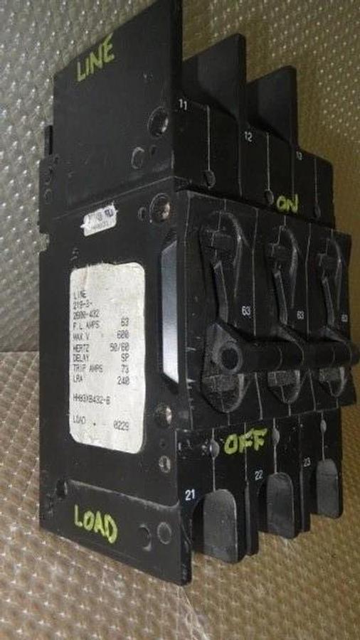Used AIRPAX BREAKER 63 AMPS 600 VAC 3 POLE 240 LRA 219-3-2600-432 HH83XB432-B