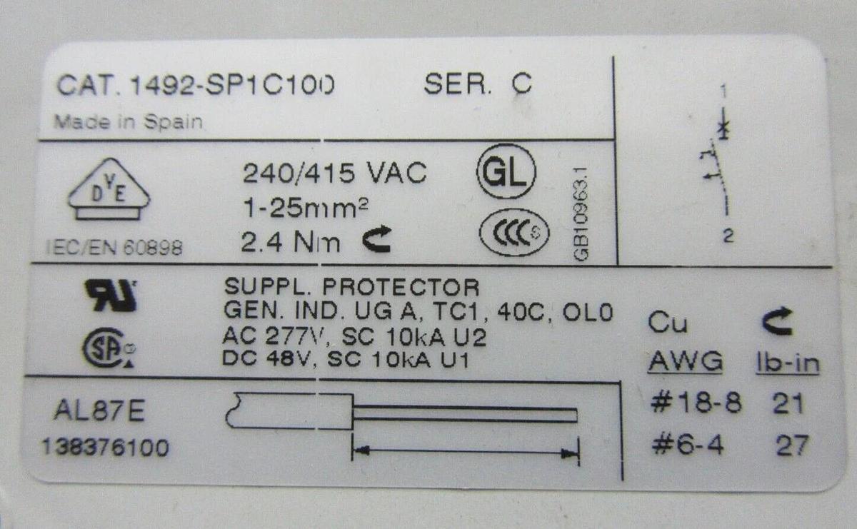 Used ALLEN BRADLEY BREAKER 1492-SP1C100 10 AMP 277 VAC SINGLE POLE **WARRANTY**