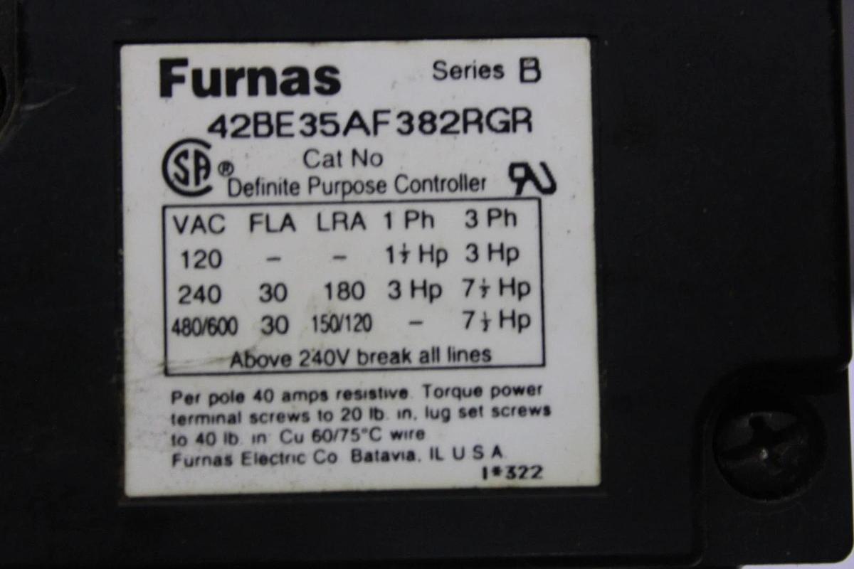 Used FURNAS CONTACTOR 42BE35AF382RGR 30 AMP 600 VAC 7.5 HP 3-POLE COIL: 110/120V
