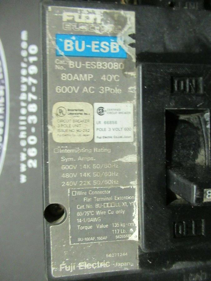 Used 80 AMP FUJI ELECTRIC BREAKER BU-ESB3080 600 VAC 3 POLE
